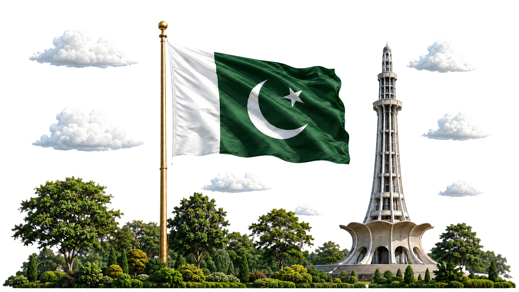 Pakistan flag, Minar-e-Pakistan, clouds and trees